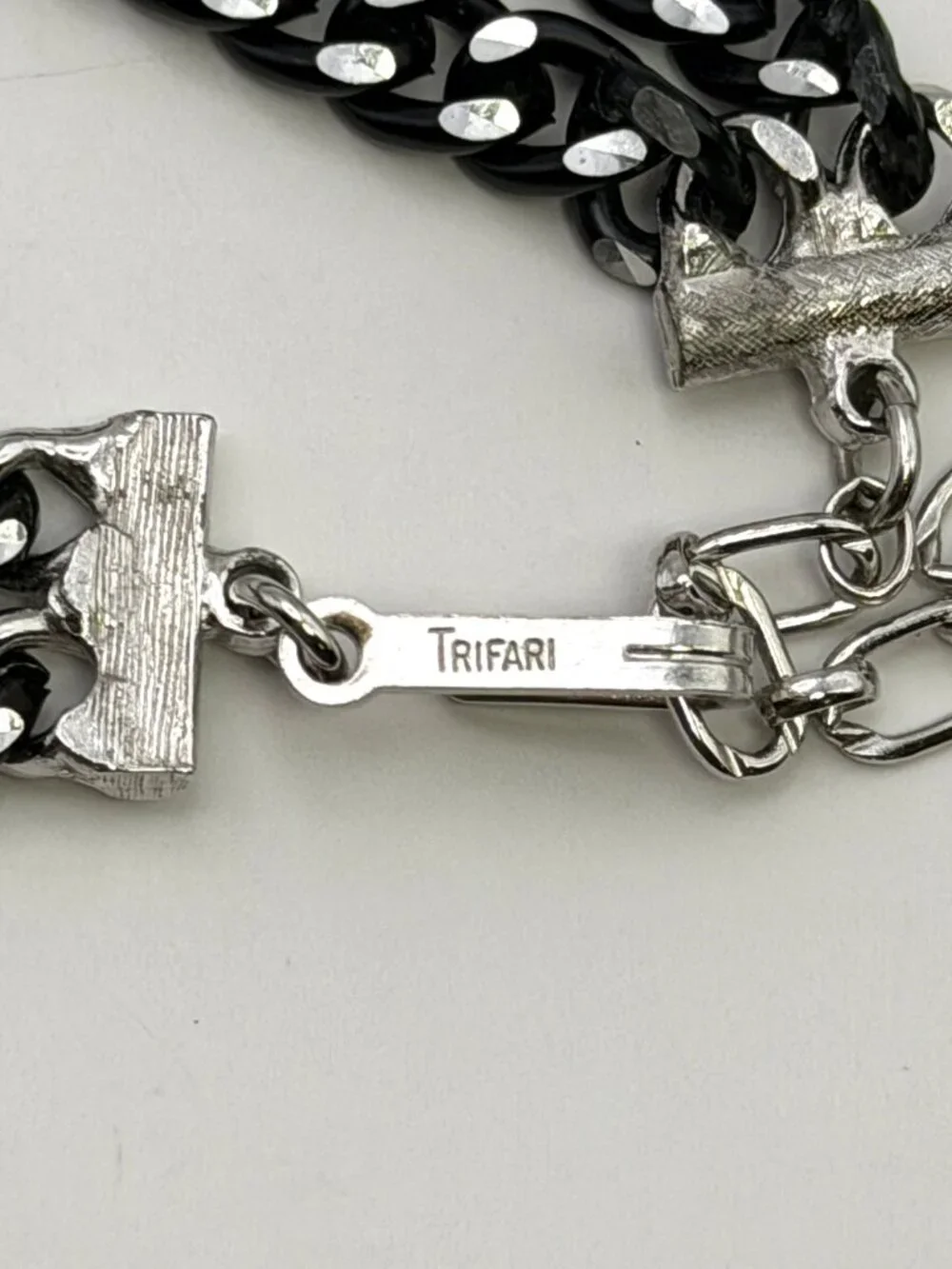 Trifari Black Silver Accent Choker Double Curb Link 14” Adjustable Signed